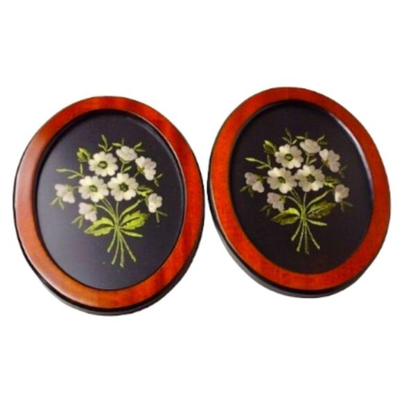 2 Oval Glass Framed Cross-stich Embroidered White Flowers on Black Wall Hangings - Picture 1 of 8